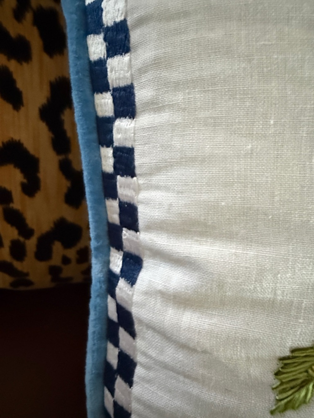 MacKenzie-Childs Blue check, Orange Floral Embroidered beaded Pillow Pair - Picture 7 of 10